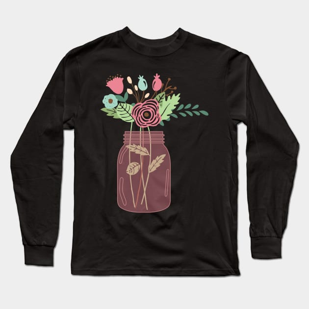 Pink Mason Jar with Cute Flowers for Girls Long Sleeve T-Shirt by mangobanana